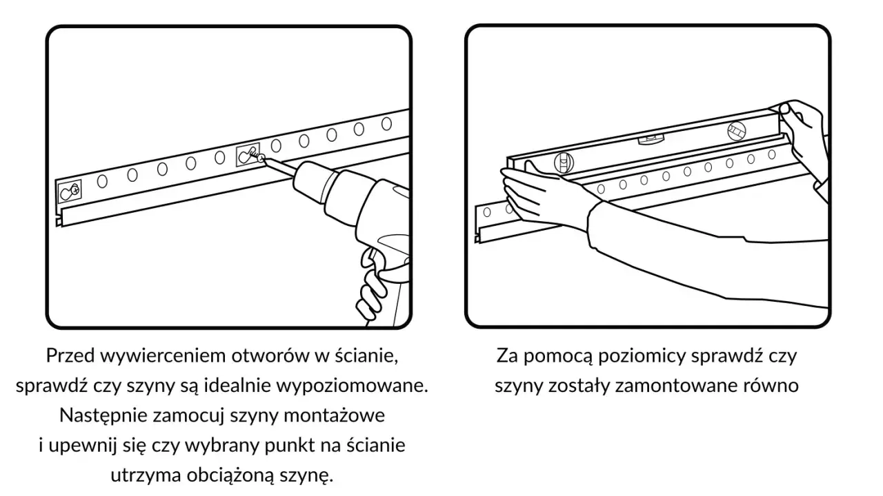 Instrukcja montażu: wiercenie otworów i poziomowanie listwy do szafek wiszących. Upewnij się, że szyny są idealnie wypoziomowane.