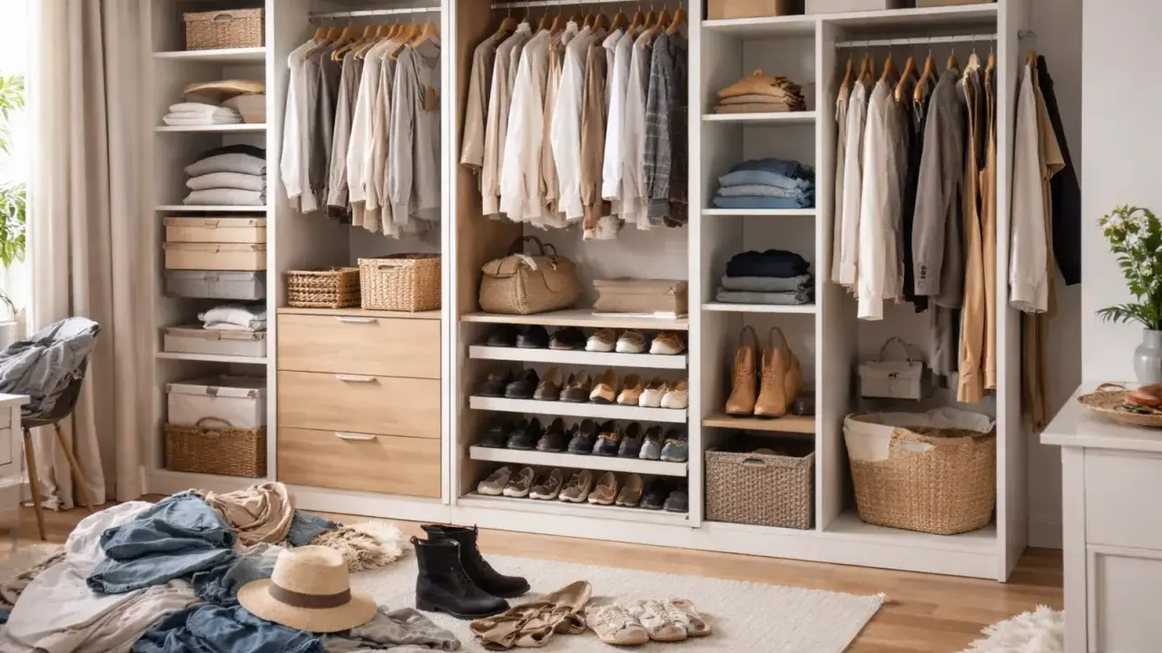 Zorganizowana garderoba z szafami pod zabudowę IKEA. Ubrania wiszą na wieszakach, a buty i akcesoria są poukładane na półkach i w koszach.