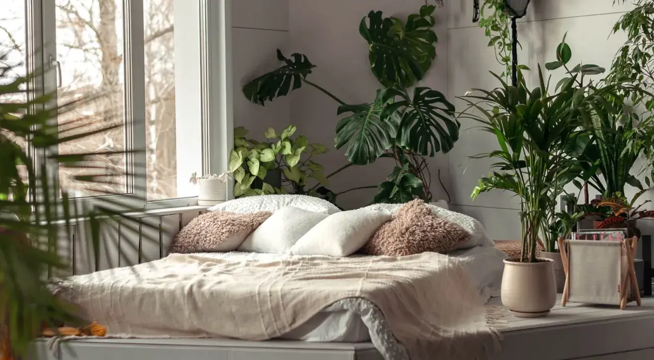 Przytulna sypialnia w stylu urban jungle. Duże liście monstery i palmy tworzą zieloną oazę wokół łóżka.