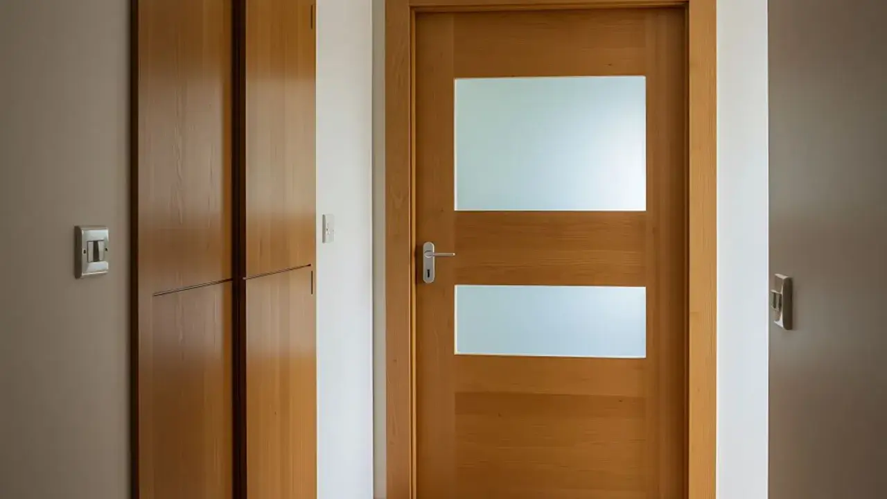 Jak przerobić stare drzwi z szybą na nowoczesne? Drewniane drzwi z dwoma matowymi przeszkleniami i metalową klamką.
