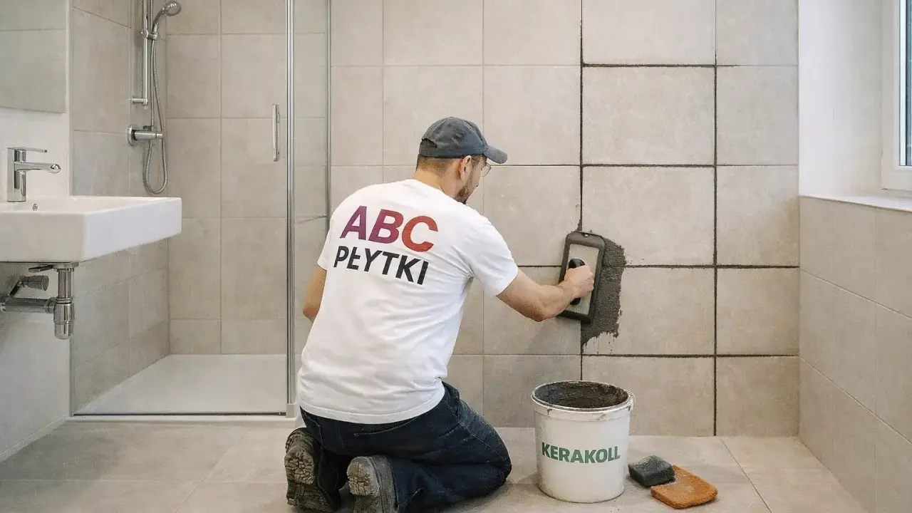Fachowiec z koszulką "ABC PŁYTKI" fuguje ściany w łazience. Pokazuje, jak zmatowić płytki.