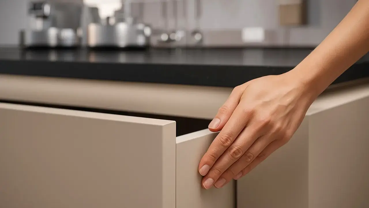 Dłoń otwiera szufladę z frontami kuchennymi antifinger. Czystość i elegancja w kuchni.