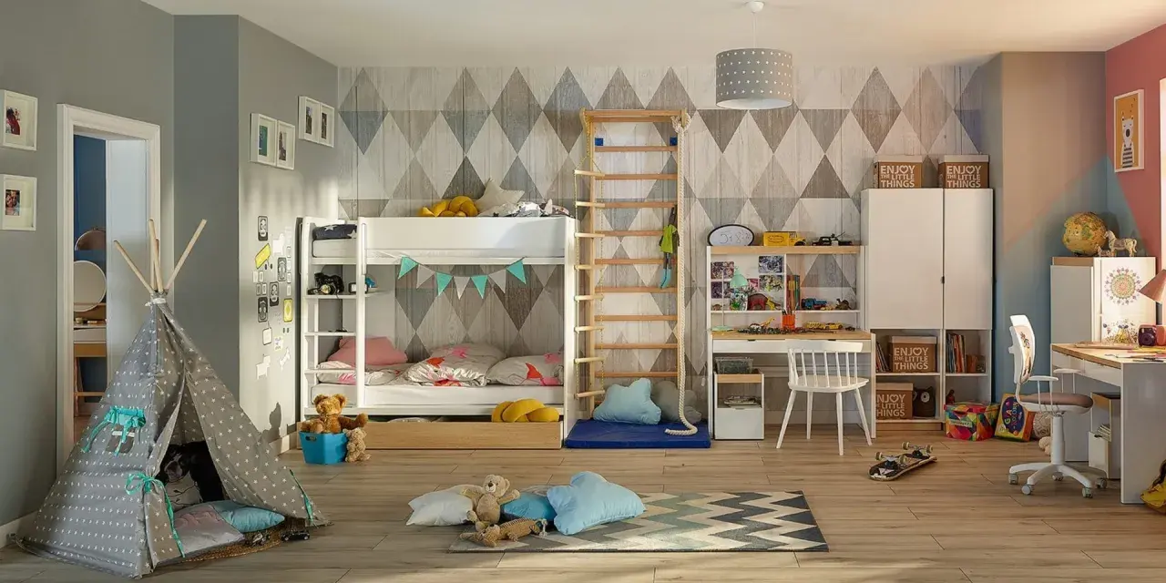 Kącik zabaw dla dziecka w salonie: tipi, łóżko piętrowe, biurko i drabinki. Idealne miejsce do zabawy i nauki.