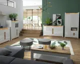 Nowoczesny salon z szarą kanapą, drewnianym stolikiem i komodami. Jedna ściana innego koloru, zielona, dodaje głębi.