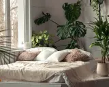 Przytulna sypialnia w stylu urban jungle. Duże liście monstery i palmy tworzą zieloną oazę wokół łóżka.