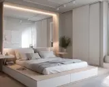 Minimalistyczna sypialnia z dużym łóżkiem, lustrem i wbudowanymi szafami. Jasne kolory i naturalne materiały tworzą spokojną atmosferę.
