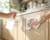 Ręce czyszczą drewniane szafki kuchenne. Jedna ręka trzyma butelkę ze sprayem, druga wyciera front ściereczką. Dowiedz się, czym myć szafki kuchenne.