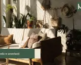 Przytulny salon boho z dużą ilością roślin, plecionym koszem i słomkowym kapeluszem na ścianie. Miękkie poduszki na kanapie zapraszają do relaksu.