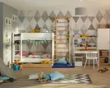 Kącik zabaw dla dziecka w salonie: tipi, łóżko piętrowe, biurko i drabinki. Idealne miejsce do zabawy i nauki.