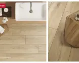 Eleganckie wzory układania płytek drewnopodobnych w łazience. Jasne, naturalne odcienie tworzą przytulną atmosferę.