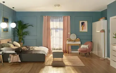 Elegancka toaletka w sypialni inspiracje: nowoczesne meble, pastelowe dodatki i przytulna atmosfera.