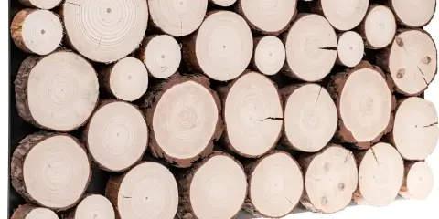 Ułożone plastry drewna, różne rozmiary. Zastanawiasz się, ile to kubik drewna?