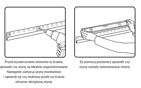 Instrukcja montażu: wiercenie otworów i poziomowanie listwy do szafek wiszących. Upewnij się, że szyny są idealnie wypoziomowane.