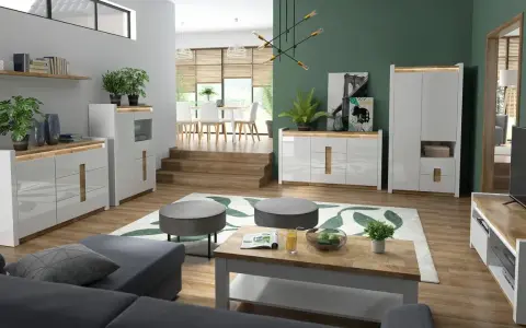 Nowoczesny salon z szarą kanapą, drewnianym stolikiem i komodami. Jedna ściana innego koloru, zielona, dodaje głębi.