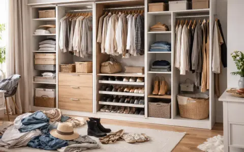 Zorganizowana garderoba z szafami pod zabudowę IKEA. Ubrania wiszą na wieszakach, a buty i akcesoria są poukładane na półkach i w koszach.