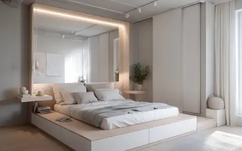 Minimalistyczna sypialnia z dużym łóżkiem, lustrem i wbudowanymi szafami. Jasne kolory i naturalne materiały tworzą spokojną atmosferę.