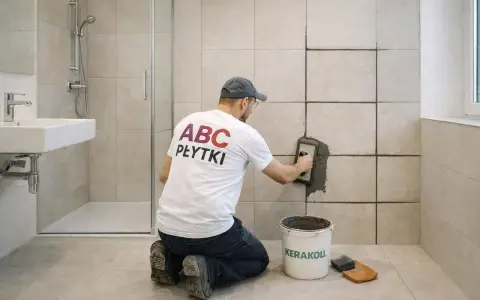 Fachowiec z koszulką "ABC PŁYTKI" fuguje ściany w łazience. Pokazuje, jak zmatowić płytki.
