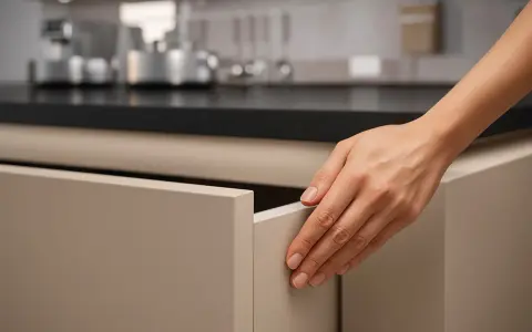 Dłoń otwiera szufladę z frontami kuchennymi antifinger. Czystość i elegancja w kuchni.