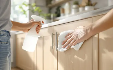 Ręce czyszczą drewniane szafki kuchenne. Jedna ręka trzyma butelkę ze sprayem, druga wyciera front ściereczką. Dowiedz się, czym myć szafki kuchenne.