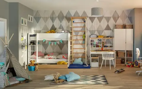 Kącik zabaw dla dziecka w salonie: tipi, łóżko piętrowe, biurko i drabinki. Idealne miejsce do zabawy i nauki.