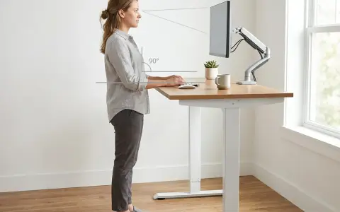 Kobieta pracuje przy biurku, które ma idealną wysokość, zapewniając ergonomiczne ustawienie ramion i wzroku.