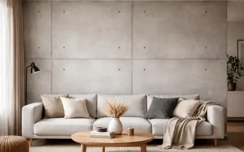 Nowoczesny salon z sofą i stolikiem kawowym. Ściana z betonu architektonicznego, idealna do wykończenia specjalnymi farbami.
