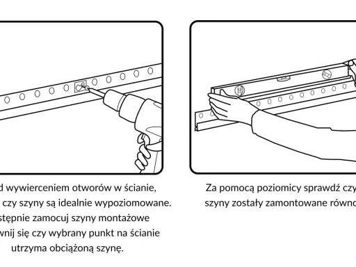 Instrukcja montażu: wiercenie otworów i poziomowanie listwy do szafek wiszących. Upewnij się, że szyny są idealnie wypoziomowane.
