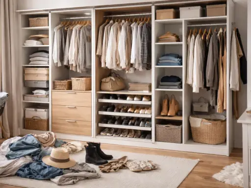 Zorganizowana garderoba z szafami pod zabudowę IKEA. Ubrania wiszą na wieszakach, a buty i akcesoria są poukładane na półkach i w koszach.