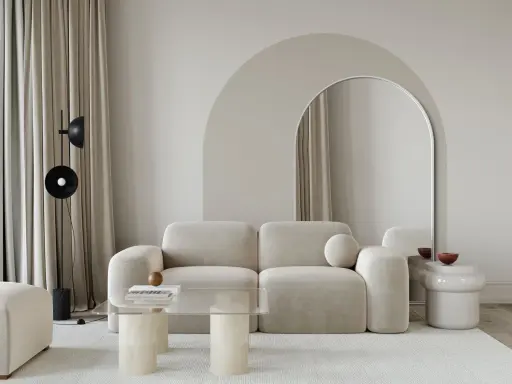 Nowoczesny salon z sofą i łukiem w tle. Inspiracje na aranżację z łukiem w salonie.