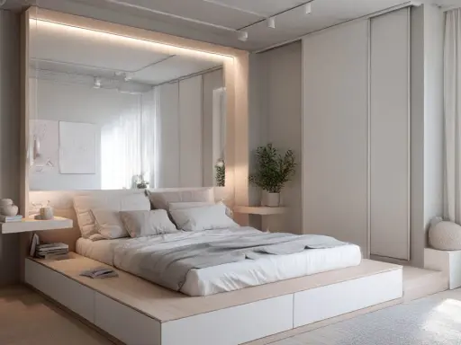 Minimalistyczna sypialnia z dużym łóżkiem, lustrem i wbudowanymi szafami. Jasne kolory i naturalne materiały tworzą spokojną atmosferę.