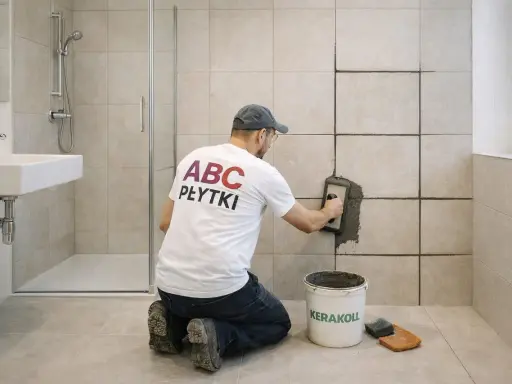 Fachowiec z koszulką "ABC PŁYTKI" fuguje ściany w łazience. Pokazuje, jak zmatowić płytki.