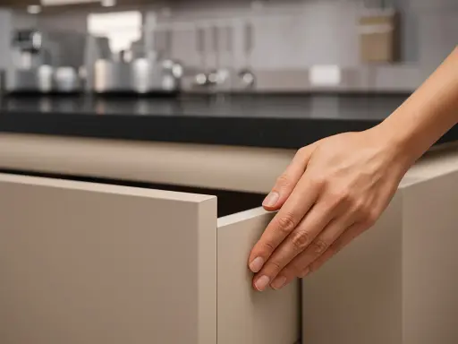 Dłoń otwiera szufladę z frontami kuchennymi antifinger. Czystość i elegancja w kuchni.
