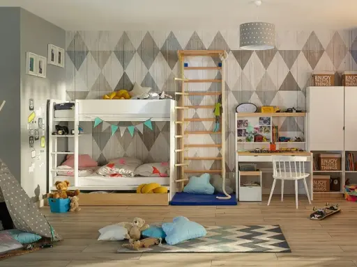Kącik zabaw dla dziecka w salonie: tipi, łóżko piętrowe, biurko i drabinki. Idealne miejsce do zabawy i nauki.