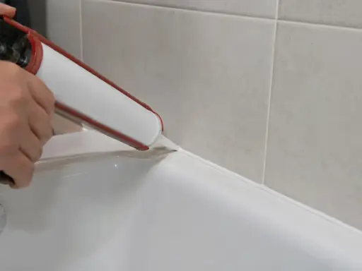 Ręka trzymająca pistolet do fugowania, nakładająca białą fugę na brzeg wanny, tworząc idealną linię.