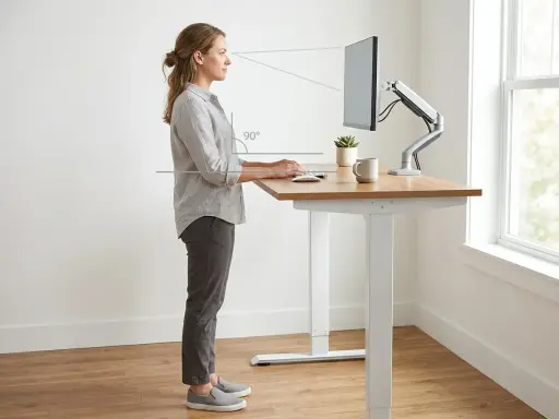 Kobieta pracuje przy biurku, które ma idealną wysokość, zapewniając ergonomiczne ustawienie ramion i wzroku.