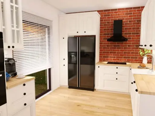 Nowoczesna ikea kuchnia projekt: białe meble, czarny lodówka, ceglana ściana i drewniany blat tworzą przytulną przestrzeń.