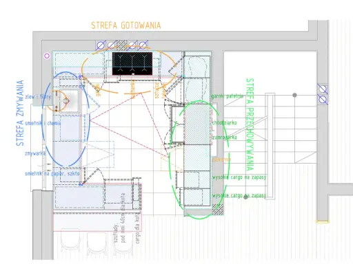 Projekt kuchni z podziałem na strefy. Widoczne standardowe wymiary szuflad kuchennych, cargo, piekarnik, lodówkę i zmywarkę.