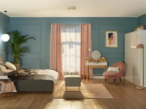 Elegancka toaletka w sypialni inspiracje: nowoczesne meble, pastelowe dodatki i przytulna atmosfera.