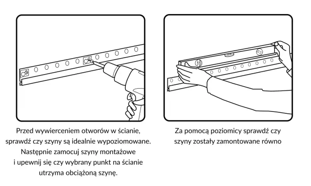 Instrukcja montażu: wiercenie otworów i poziomowanie listwy do szafek wiszących. Upewnij się, że szyny są idealnie wypoziomowane.