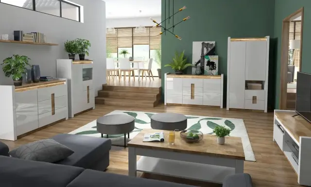 Nowoczesny salon z szarą kanapą, drewnianym stolikiem i komodami. Jedna ściana innego koloru, zielona, dodaje głębi.