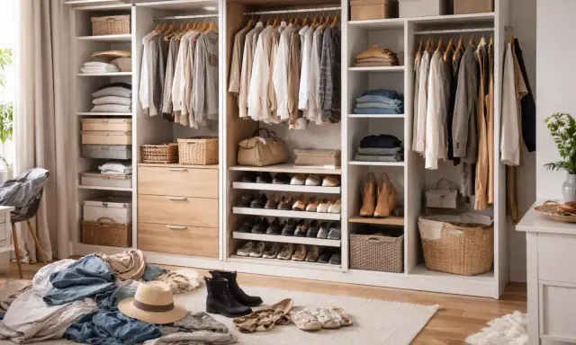 Zorganizowana garderoba z szafami pod zabudowę IKEA. Ubrania wiszą na wieszakach, a buty i akcesoria są poukładane na półkach i w koszach.