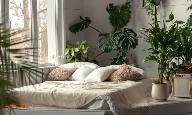 Przytulna sypialnia w stylu urban jungle. Duże liście monstery i palmy tworzą zieloną oazę wokół łóżka.