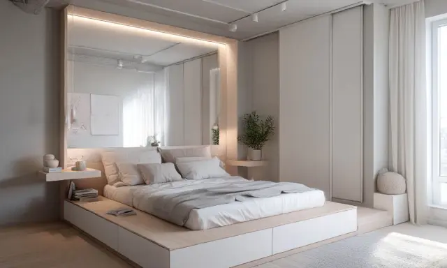 Minimalistyczna sypialnia z dużym łóżkiem, lustrem i wbudowanymi szafami. Jasne kolory i naturalne materiały tworzą spokojną atmosferę.