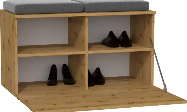 Szafka na buty z desek, z siedziskiem i schowkami. Idealna, by dowiedzieć się, jak zrobić szafkę na buty z desek.