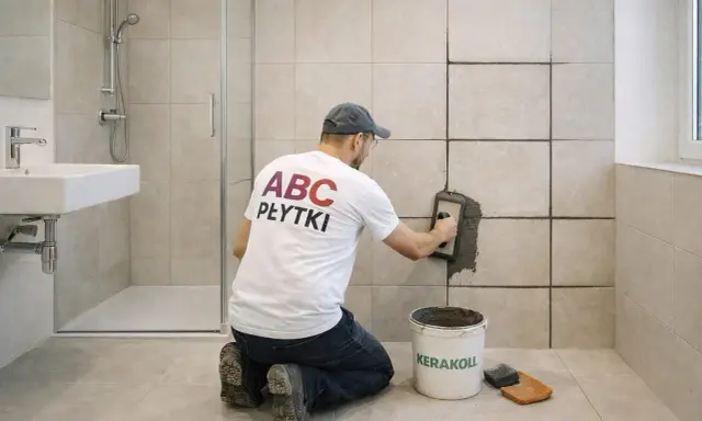 Fachowiec z koszulką "ABC PŁYTKI" fuguje ściany w łazience. Pokazuje, jak zmatowić płytki.