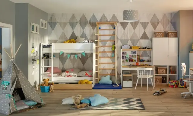 Kącik zabaw dla dziecka w salonie: tipi, łóżko piętrowe, biurko i drabinki. Idealne miejsce do zabawy i nauki.