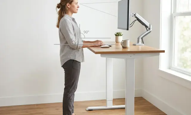 Kobieta pracuje przy biurku, które ma idealną wysokość, zapewniając ergonomiczne ustawienie ramion i wzroku.