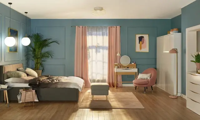 Elegancka toaletka w sypialni inspiracje: nowoczesne meble, pastelowe dodatki i przytulna atmosfera.