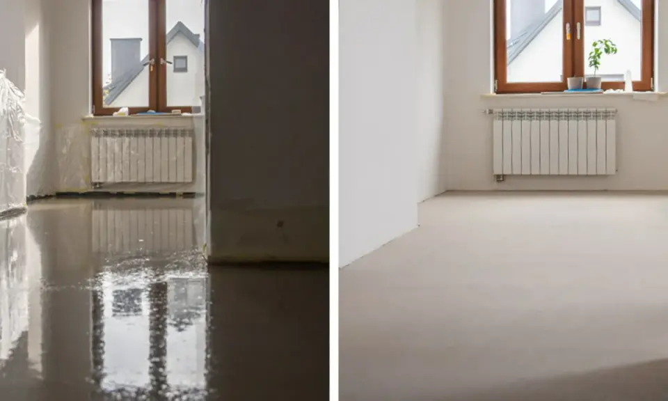 Po lewej świeża wylewka samopoziomująca, po prawej już sucha. Zobacz, ile schnie wylewka samopoziomująca.