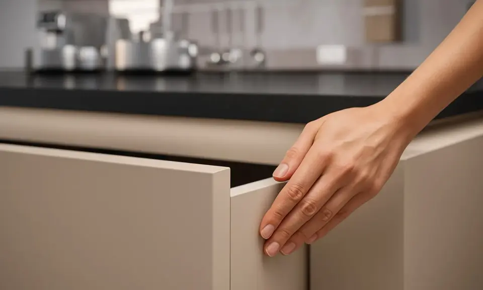 Dłoń otwiera szufladę z frontami kuchennymi antifinger. Czystość i elegancja w kuchni.